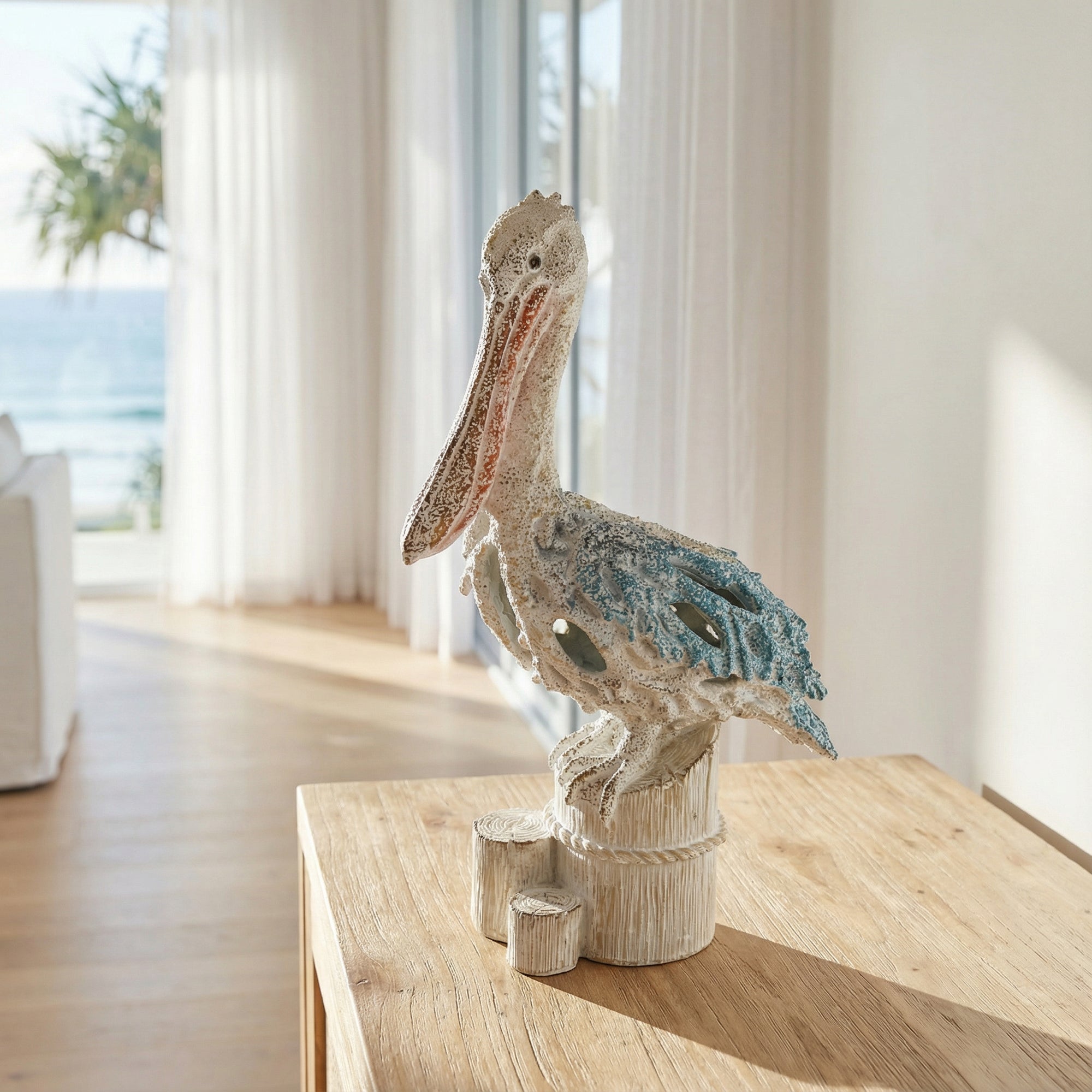 Coral Texture Pelican on Stump